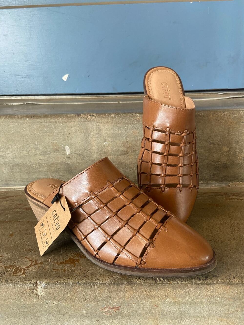 Crevo chestnut woven leather almond toe stacked heel mule